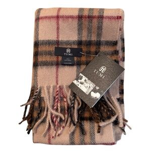 Tumi Peru 100% Baby Alpaca Plaid Scarf NWT Tan Brown Tartan Unisex 12” x 74”